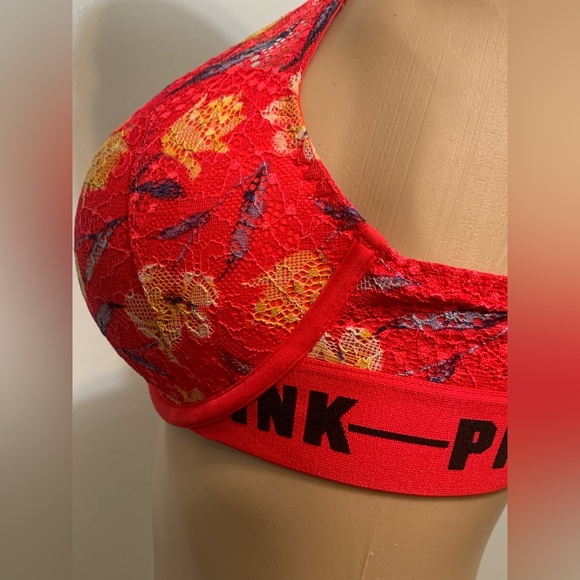 PINK Victoria’s Secret Bright Red Lace Floral Date Push Up Racerback 34C - Picture 4 of 8